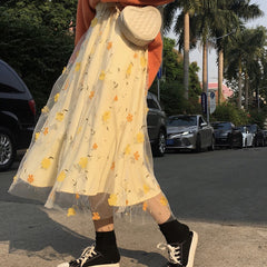 Yellow 3D Flower Lace High Waist Mesh Long Skirt