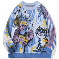 Thumbnail for Oversized Japanese Anime Graphic Sweater - Blue / M