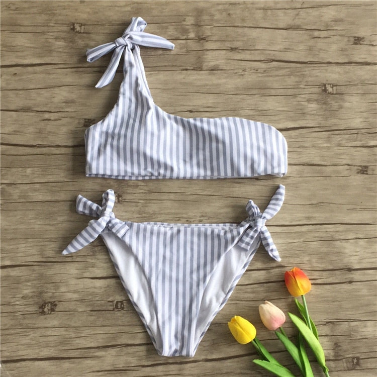 Aesthetic Striped One Shoulder Bikini - Gray / S - Swimsuit