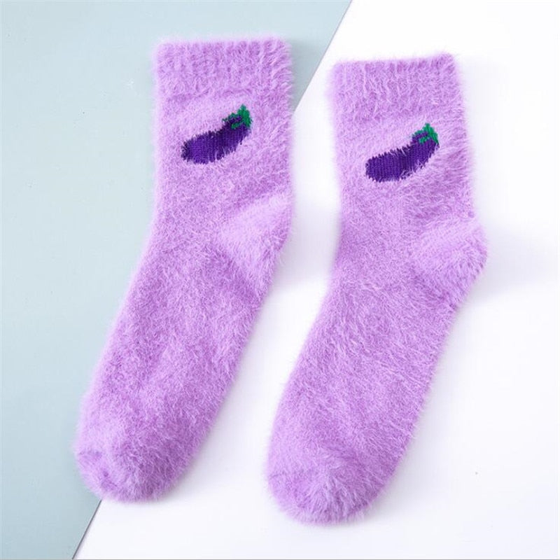 Pastel Color Fruit Fluffy Socks - Lavender / One Size