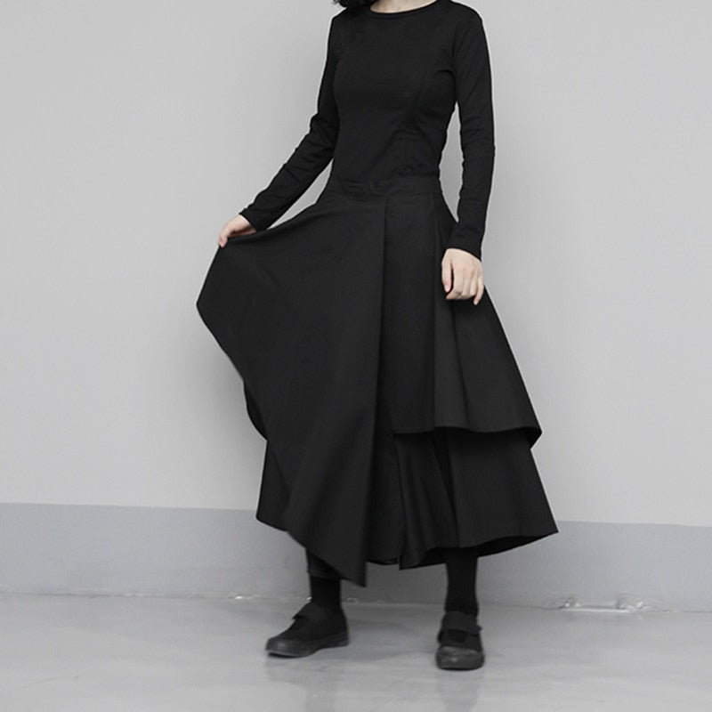 High Waist Black Asymmetrical Wide Leg Skirt
