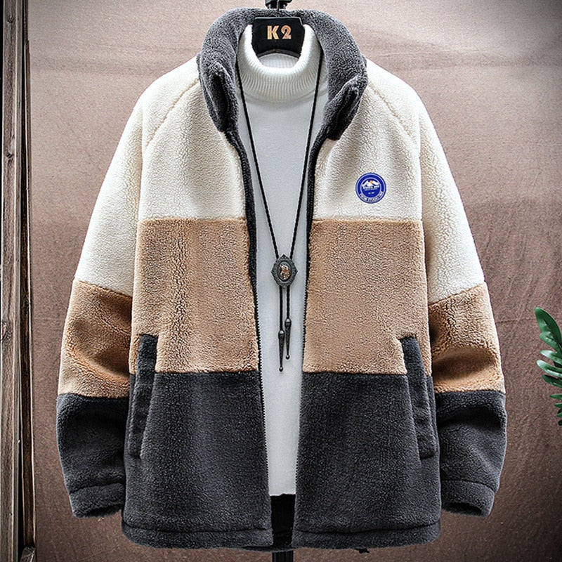 Patchwork Men’s Winter Warm Fleece Jacket - Khaki / M