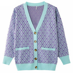 Diamond Pattern Loose Knit Cardigan - Lake Blue Purple / S