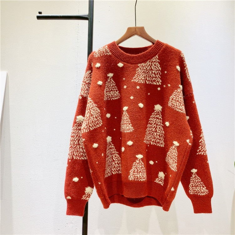 Crew Neck Ugly Knitted Sweater - Red / One Size