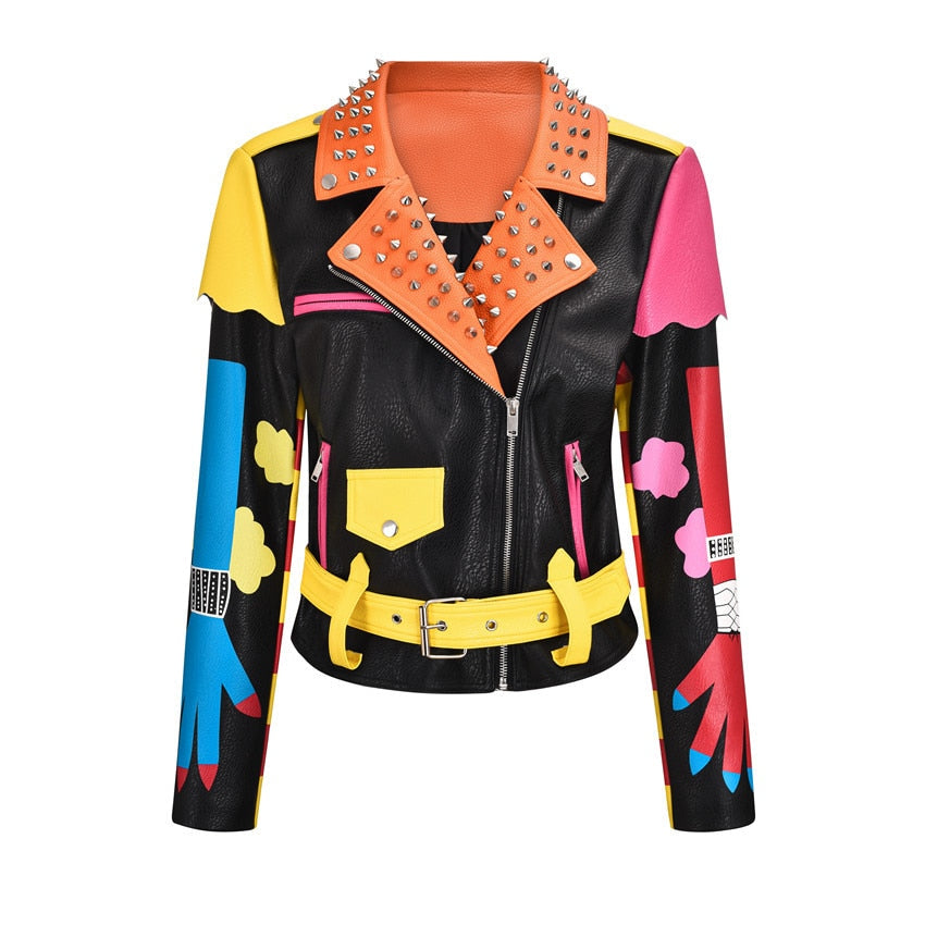 Colorful Girl Arms Motorcycle PU Leather Jacket - Black / S