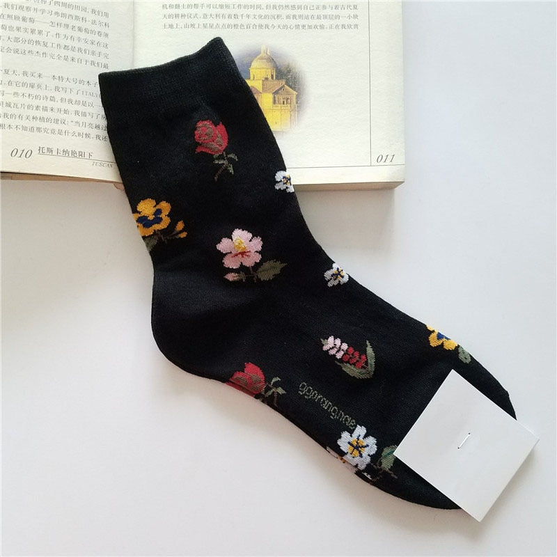 Animal Cartoon Middle Tube Socks - Black Flowers / One Size