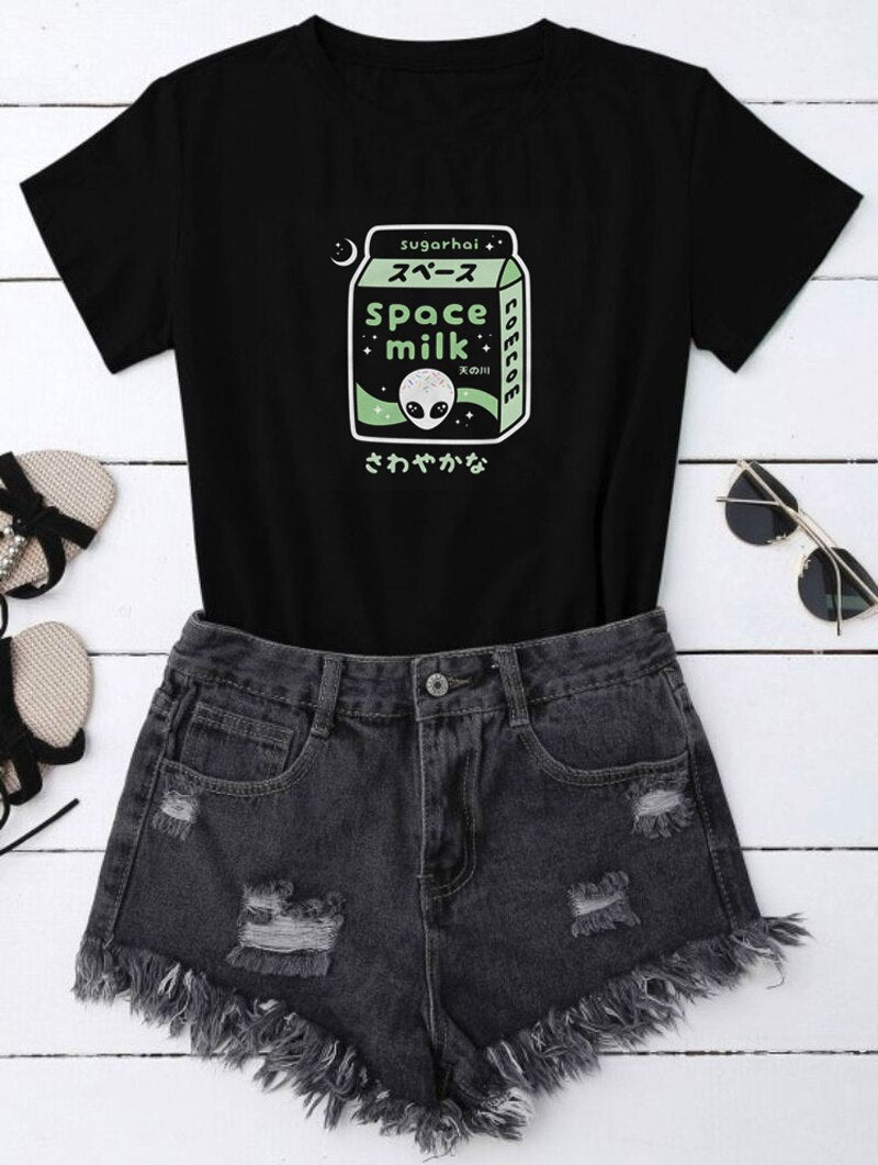 Harajuku Alien Space Milk T-shirt - Black / S - T-Shirt