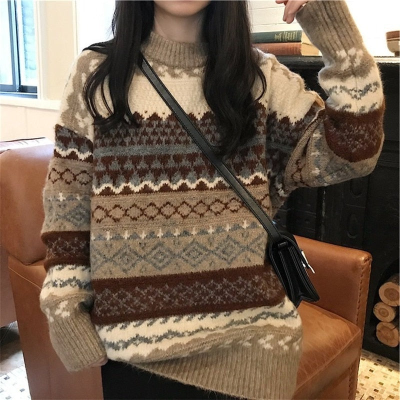 Striped Oversized Knitted Sweater - Khaki / One Size