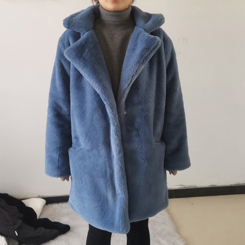 Solid Color Faux Fur Middle -Long Coat - Blue / S