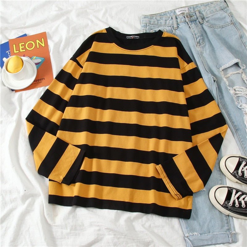 Striped Oversize Sweatshirt Long Sleeve - Yellow / M -