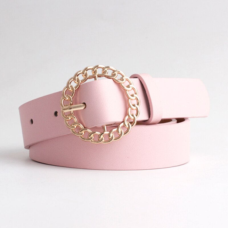 Gold Buckle PU Leather Belt - pink belt / 105x2.8cm