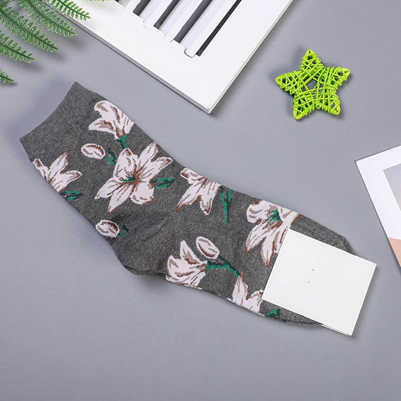 Animal Cartoon Middle Tube Socks - Gray Flowers / One Size