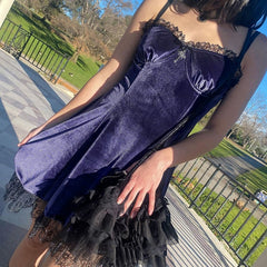 Solid Color Velvet Sleeveless Lace Mini Dress - purple / S