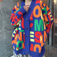 Colorful Letter Knitted Oversize Cardigan - One Size / Blue