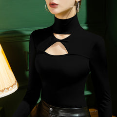 Hollow Out Turtle Neck Long Sleeve Top - Black / XS -