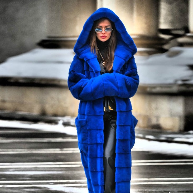 Solid Color Furry Warm Faux Fur Long Coat - Blue / S