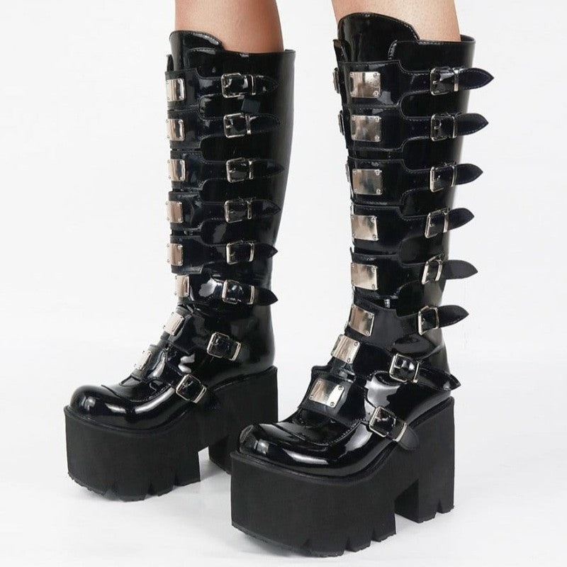 High Platform Metal Buckle Wedges Gothic Boots - black