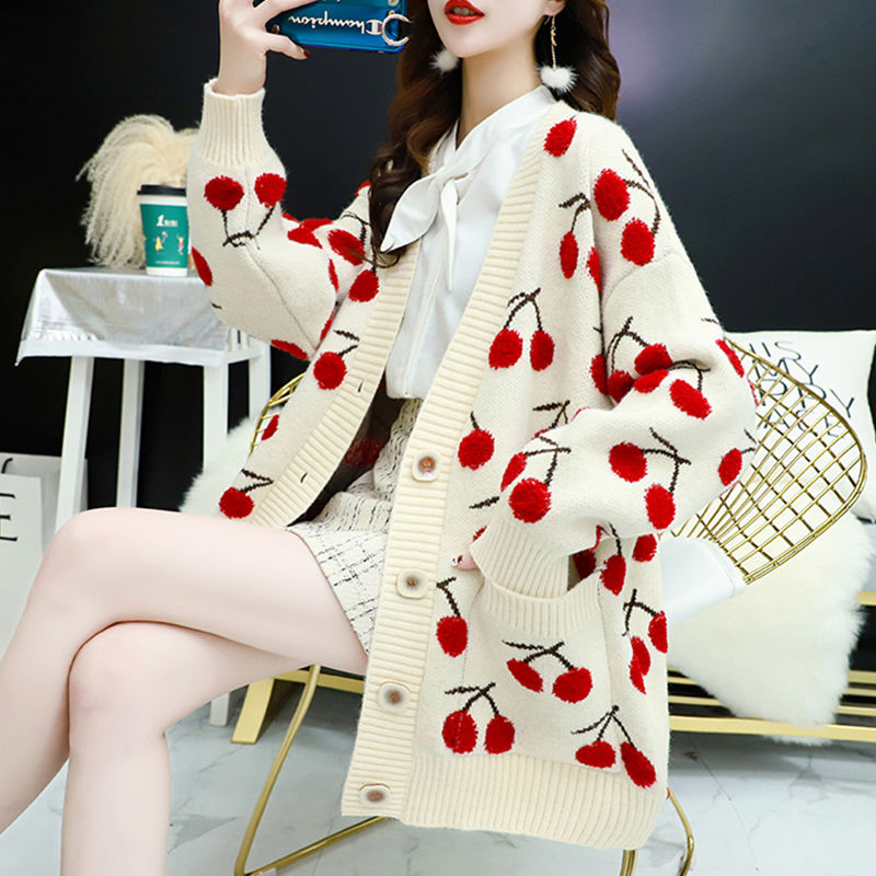 Fruit Cherries Korean Style Knitted Sweater - S / Beige