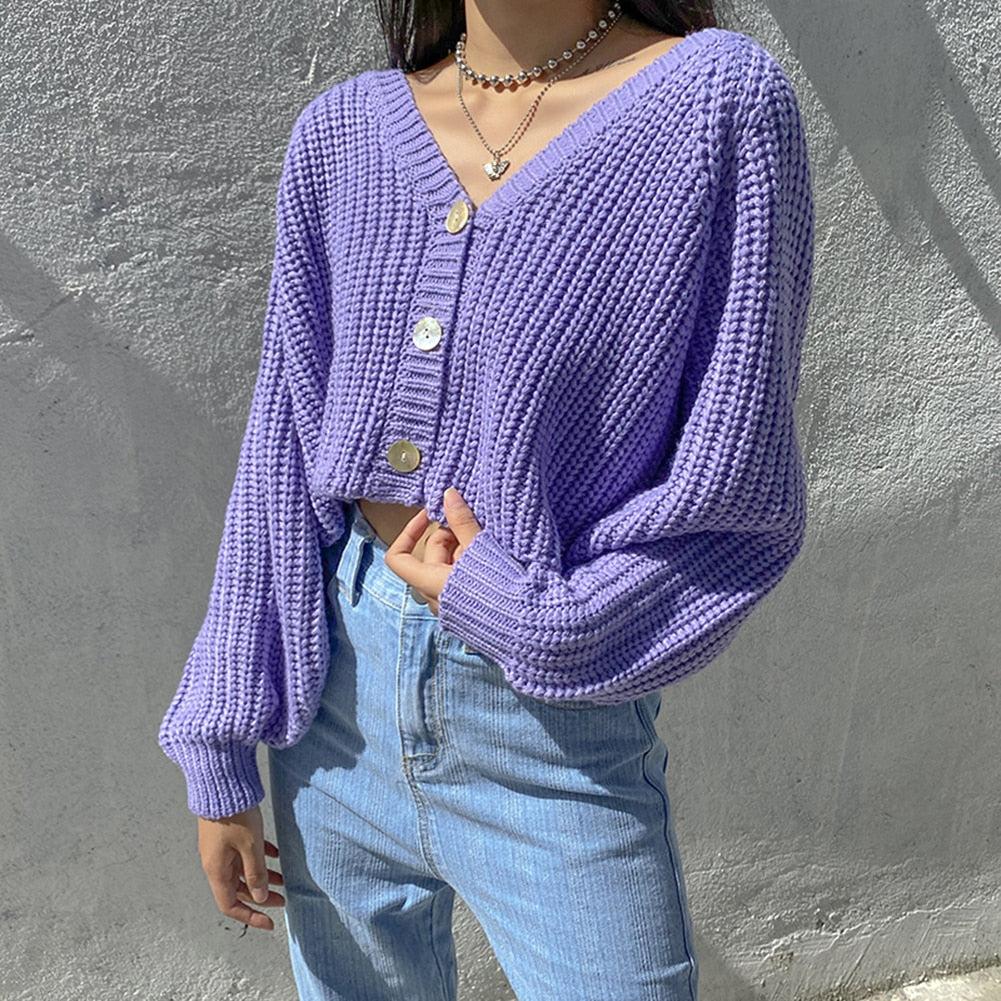 Solid Knitted Cropped Cardigans Sweater