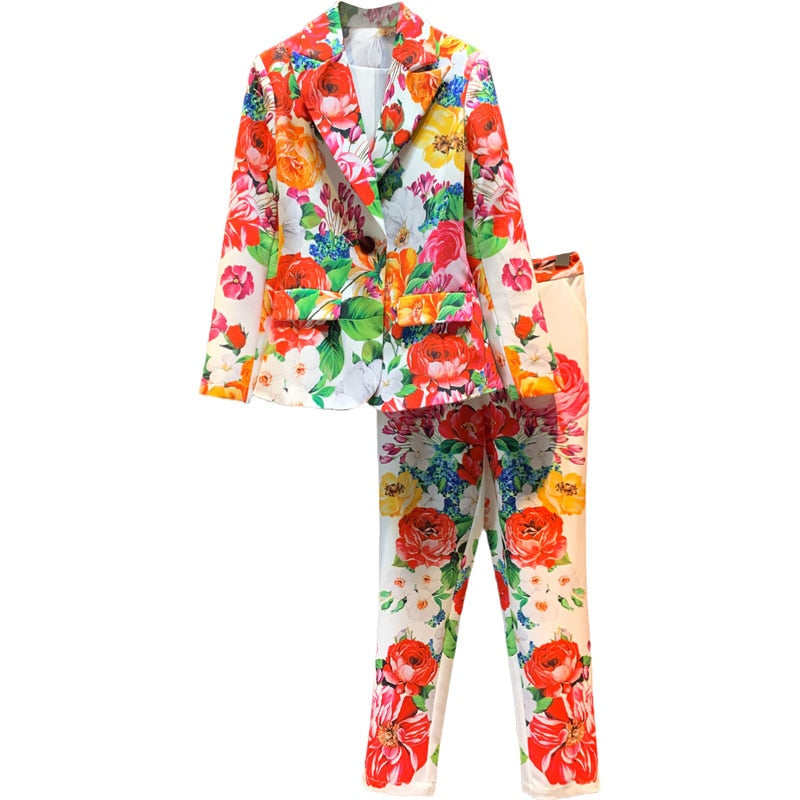 Fashion Elegant Flower Print Two Piece Suit - Floral / S -
