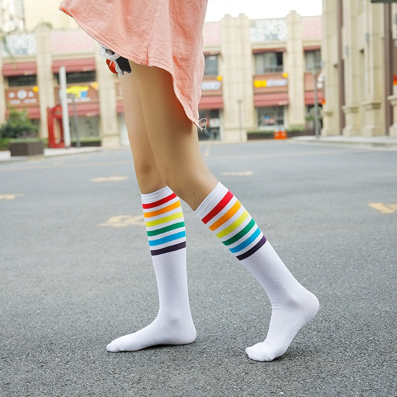 Long Highs Rainbow Funny Socks - White / One Size
