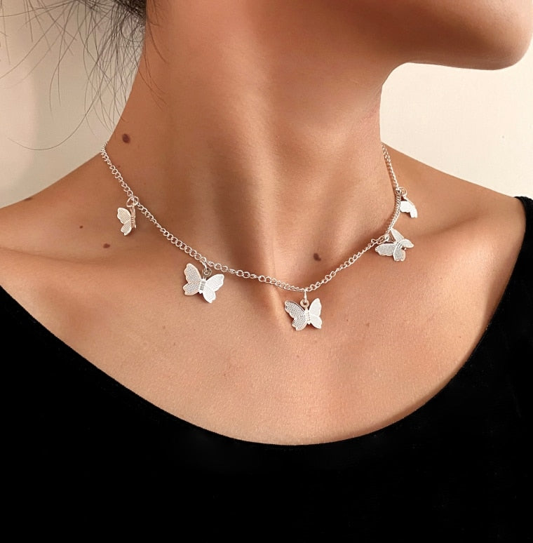 Butterfly Rhinestone Letter Necklace - Silver
