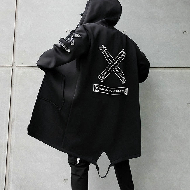 Print Harajuku Windbreaker Ribbon Coat - black / XXXL