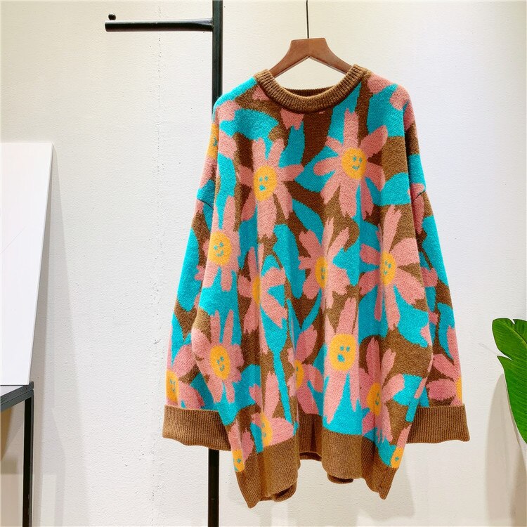 Smiling Flowers Contrast Color Knitted Oversize Sweater -