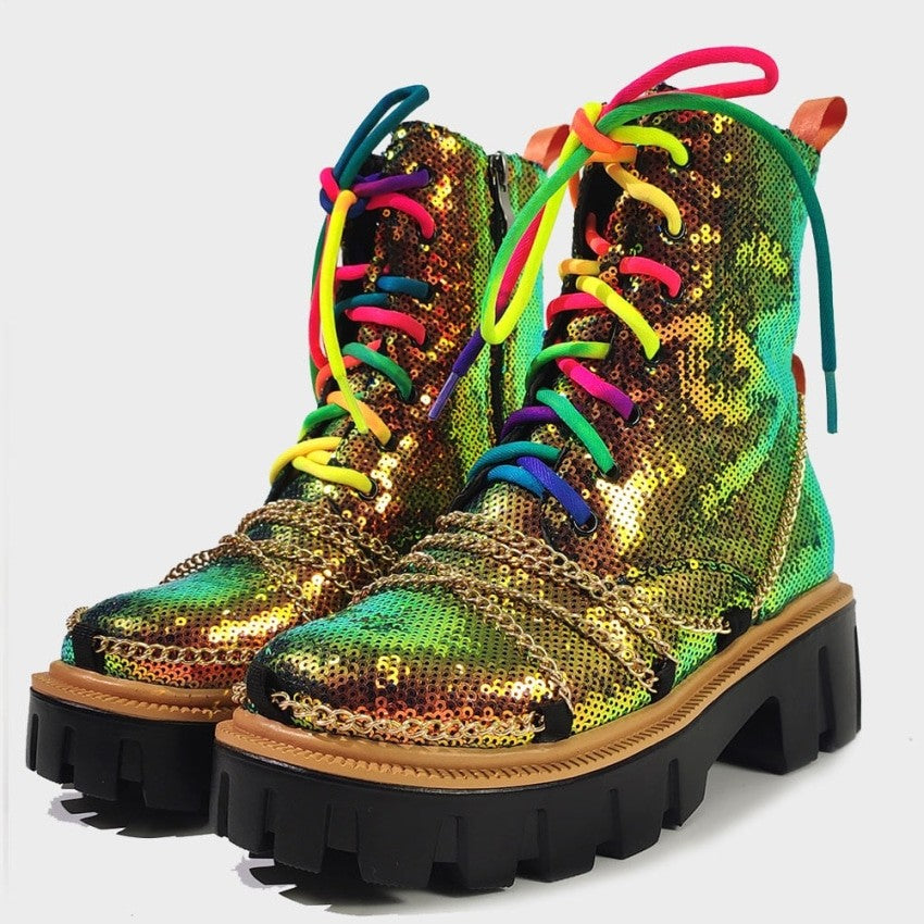 Colorful Laces Adorned With Chains Boots - multicolor / 5