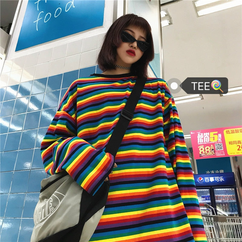 Rainbow Striped Loose Casual Sweatshirt - SWEATSHIRT