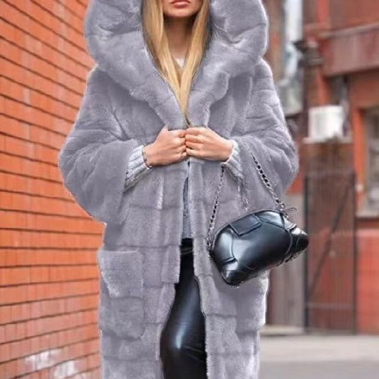 Solid Color Furry Warm Faux Fur Long Coat - Gray / S