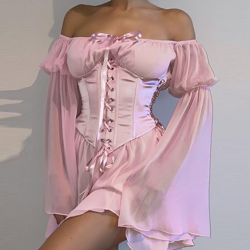 Wide Waistband with Chest Support Corset - Pink / S - Lace