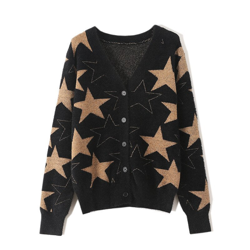 Five Point Star Knitted Cardigan Sweater - Stars / One Size