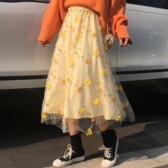Yellow 3D Flower Lace High Waist Mesh Long Skirt