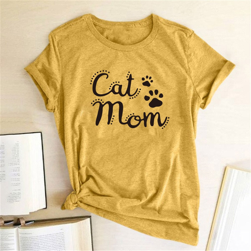 Cat Mom Printed T-Shirt - Yellow / S - T-shirts