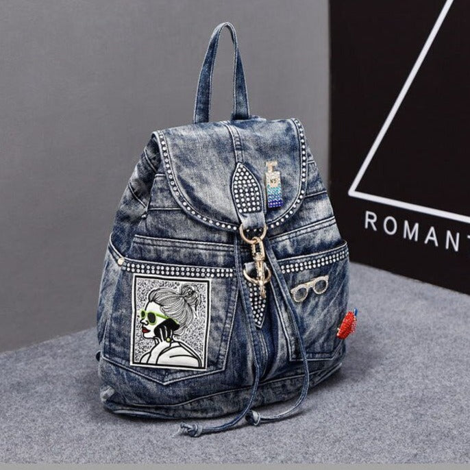 Patches And Shiny Rivets Safety Clasp Backpack - Blue /