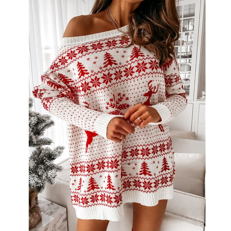 Women Knitted Long Sleeve Slash Neck Sweater - S / white