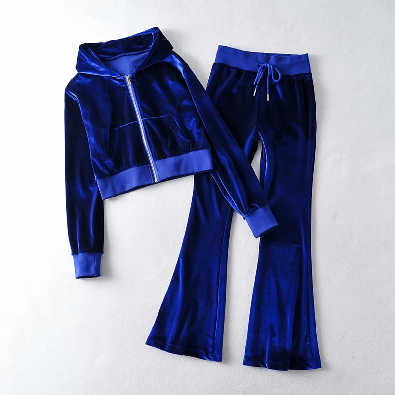 Velvet Zip-Up Cropped Hoodie & Flare Joggers Set - blue / S