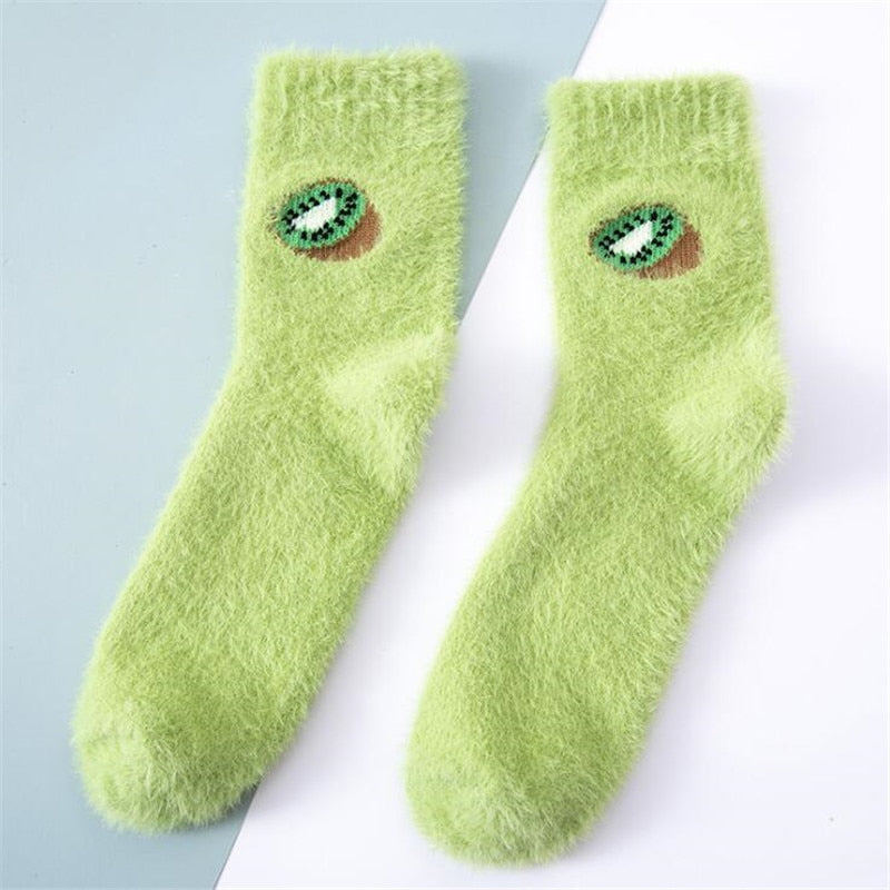 Pastel Color Fruit Fluffy Socks - Army Green / One Size