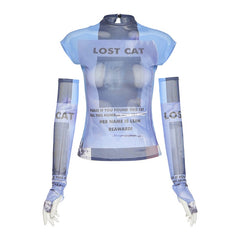 Lost Cat Mesh T-shirt With Sleeves - Blue / S - T-Shirt
