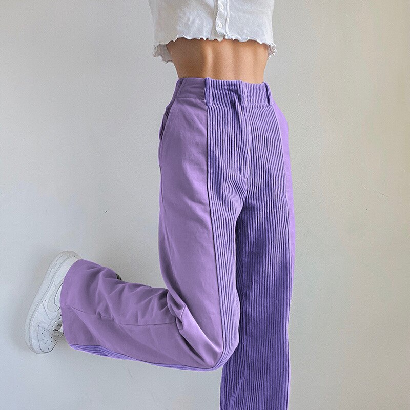 Bicolor High Waist Corduroy Pants - Purple / S