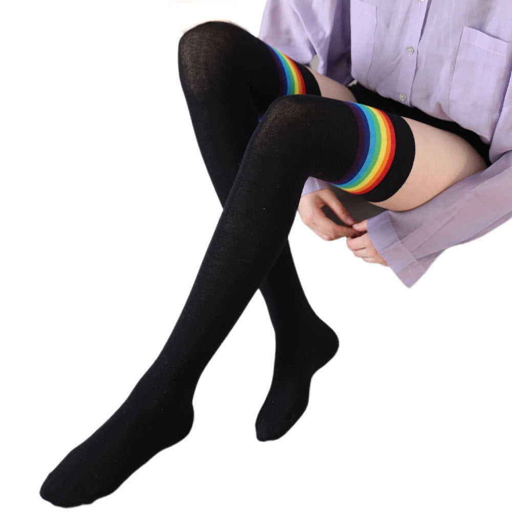 Rainbow Striped Long Socks - Black / One Size