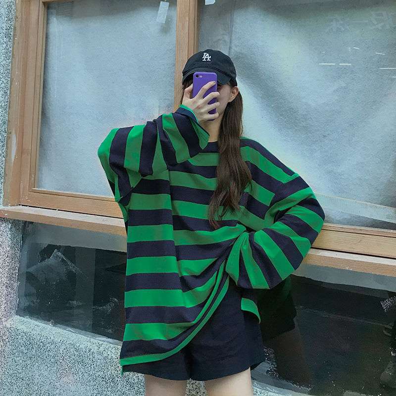 Colorful Stripes Korean Styles Sweatshirt - Green / M -