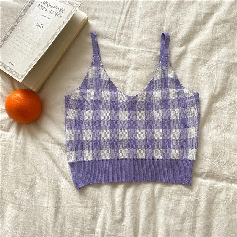 Vintage Plaid Pattern Knitted Tank Top