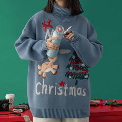Merry Christmas Turtleneck Oversize Sweater - M / Blue