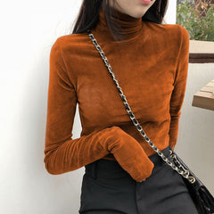 Solid Color Velvet Turtleneck Long Sleeve Blouse - Khaki / M