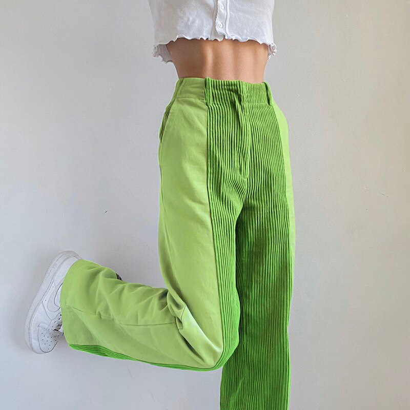 Bicolor High Waist Corduroy Pants - Green / S