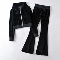 Thumbnail for Velvet Zip-Up Cropped Hoodie & Flare Joggers Set - black / S