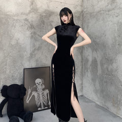 Dragon Open Side Long Velvet Chinese Style Dress - Black / S