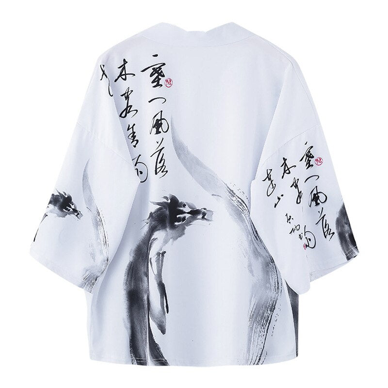 Dragon Kanji White Collection 3/4 Sleeve Kimono - Grey / M -